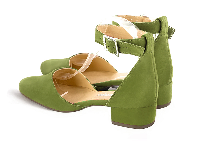 Pistachio green women's open side shoes, with a strap around the ankle. Round toe. Low block heels. Rear view - Florence KOOIJMAN